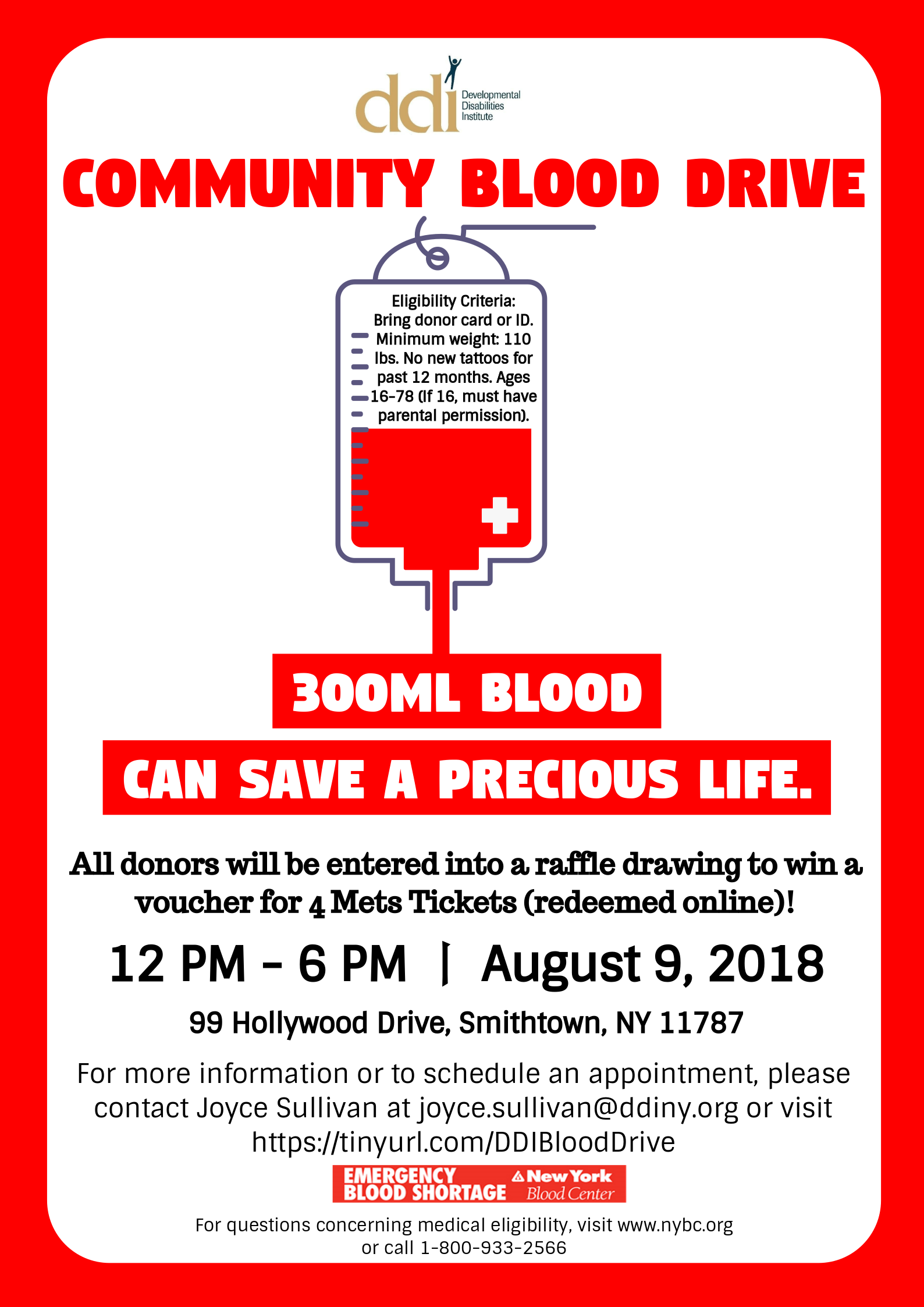 Blood Drive on 8/9 flyer