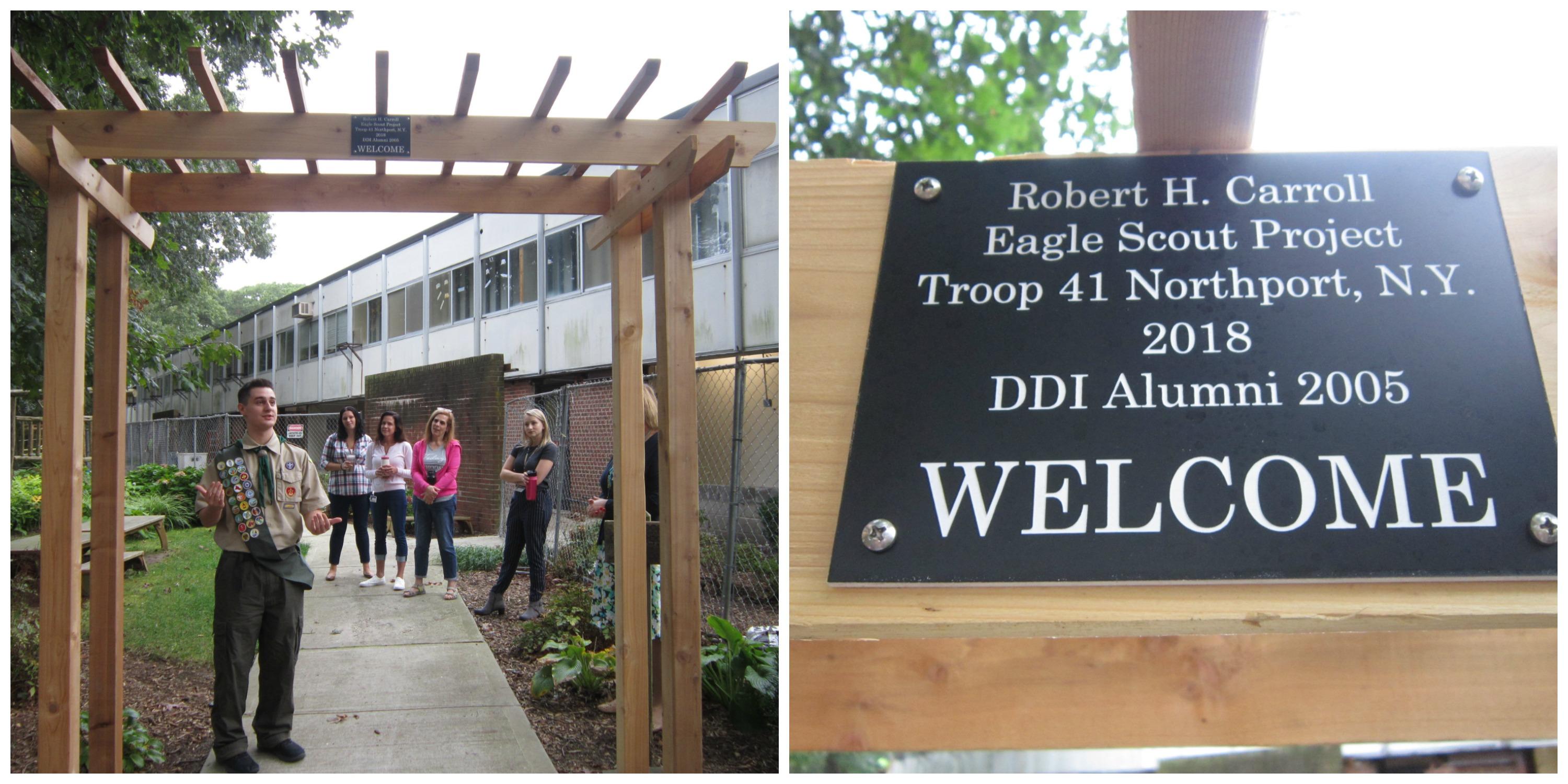 Student with arbor donation/DDI staff/close-up of plaque