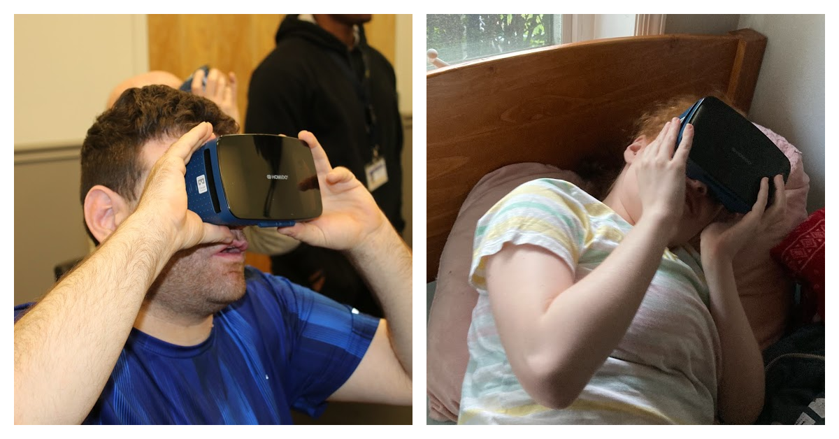 Man and young lady using virtual reality headsets