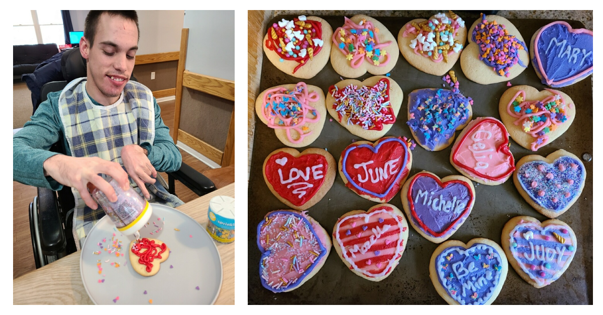 Valentine's Day collage of man decorating a cookie/tray of cookies